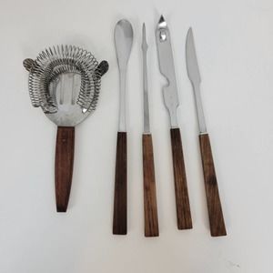 Unbranded Kitchen Home Bar Set One Size Chrome Stainless MCM Walnut Handle